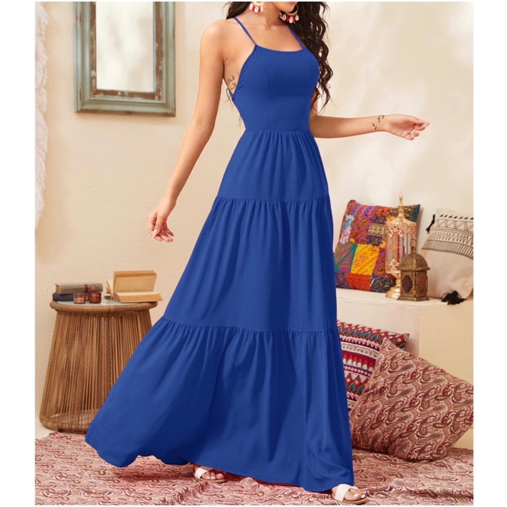 Boho Royal Blue Criss Cross Lace up Back Ruffle Maxi Dress - Picture 6 of 6